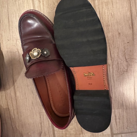 Coach Women’s Burgundy Leather Penny Loafers with Floral Hardware - Picture 3 of 5
